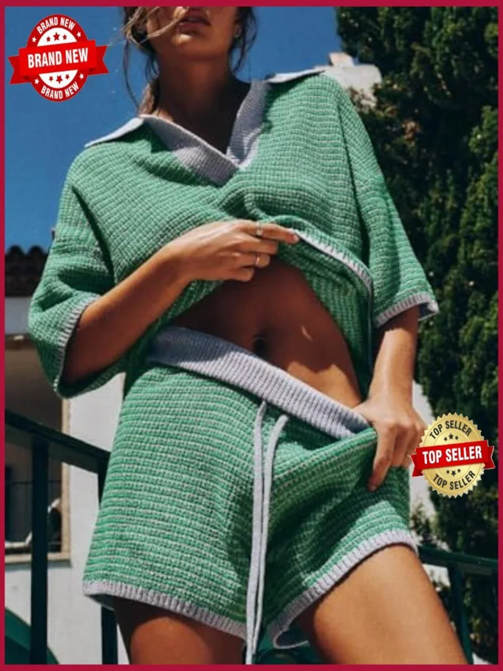 Women's 2 Piece Lounge Set V Neck Knit Top Drawstring Shorts Casual Travel